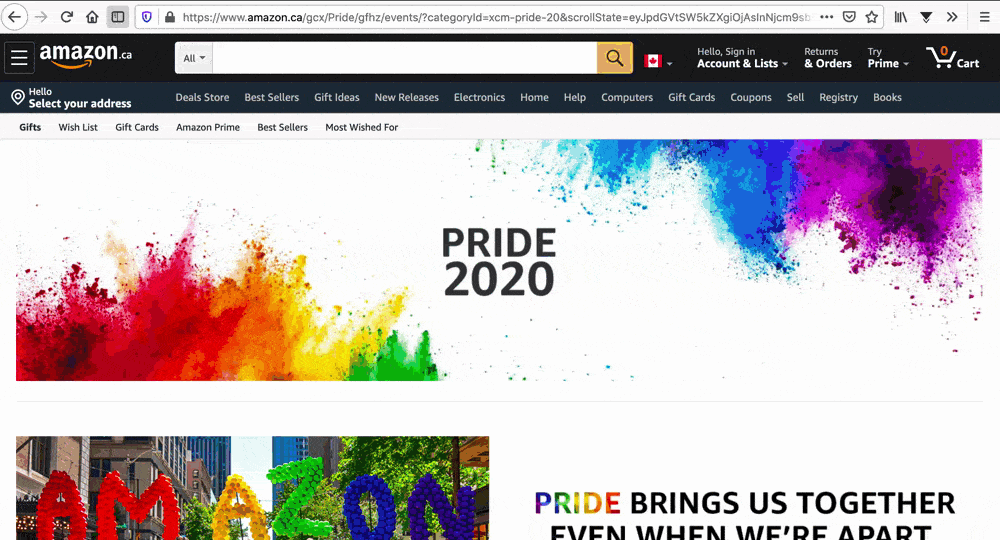 Scrolling screen capture of the Canadian Amazon store during Pride month 2020
